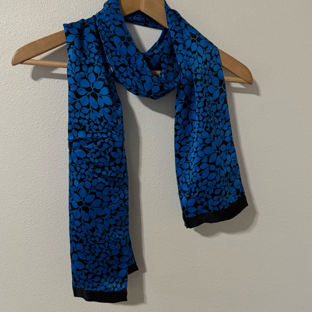 Kavita Silk Satin Mekko Scarf Blue Black Floral Oblong Quiet Luxury-68x10”